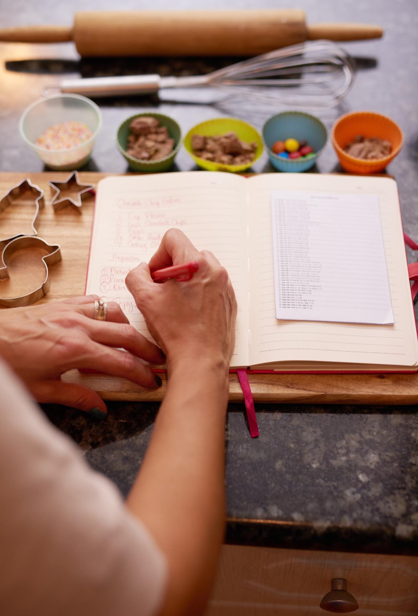 Notebooks and printed recipes on table